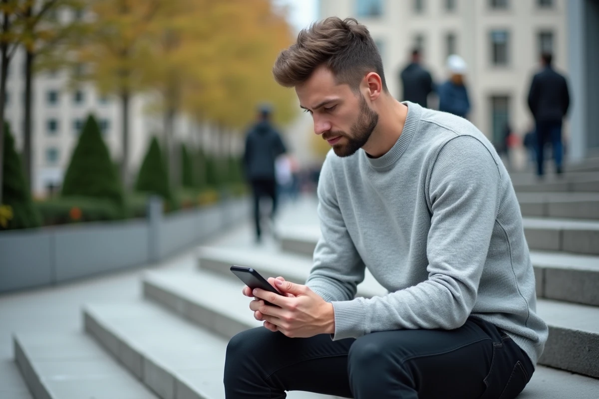 Homme en ville avec smartphone en main et regard pensif