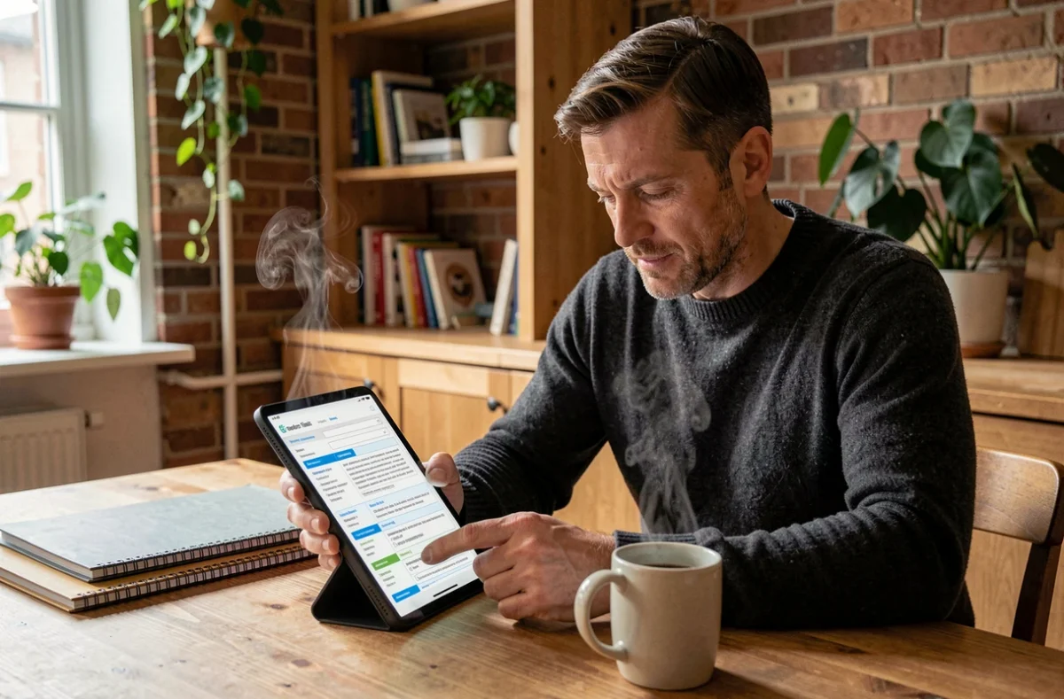 Travailleur indépendant consultant une liste de critères pour choisir son portage salarial depuis chez lui