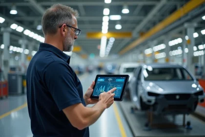 Ingénieur qualité automobile consultant un tableau de bord digital de contrôle qualité dans une usine automobile moderne