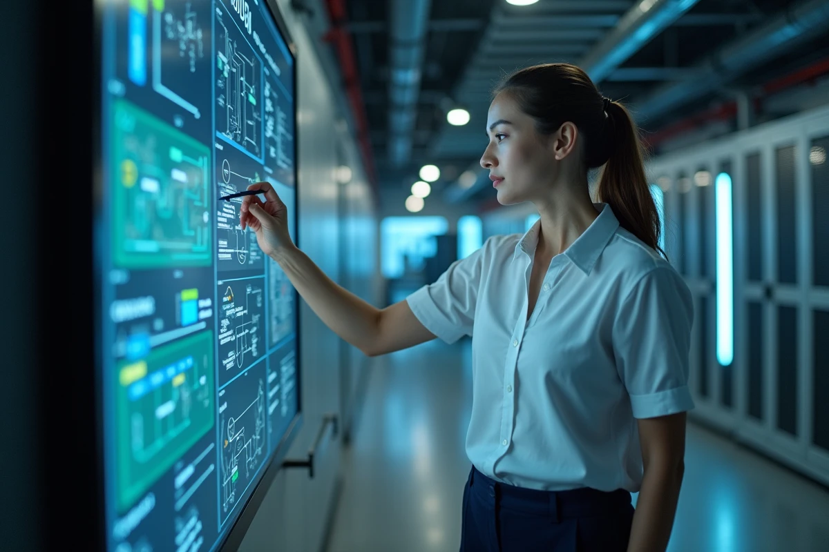 Ingénieure supervisant l'intégration d'un logiciel SCADA avec des automates existants dans une salle de contrôle industrielle