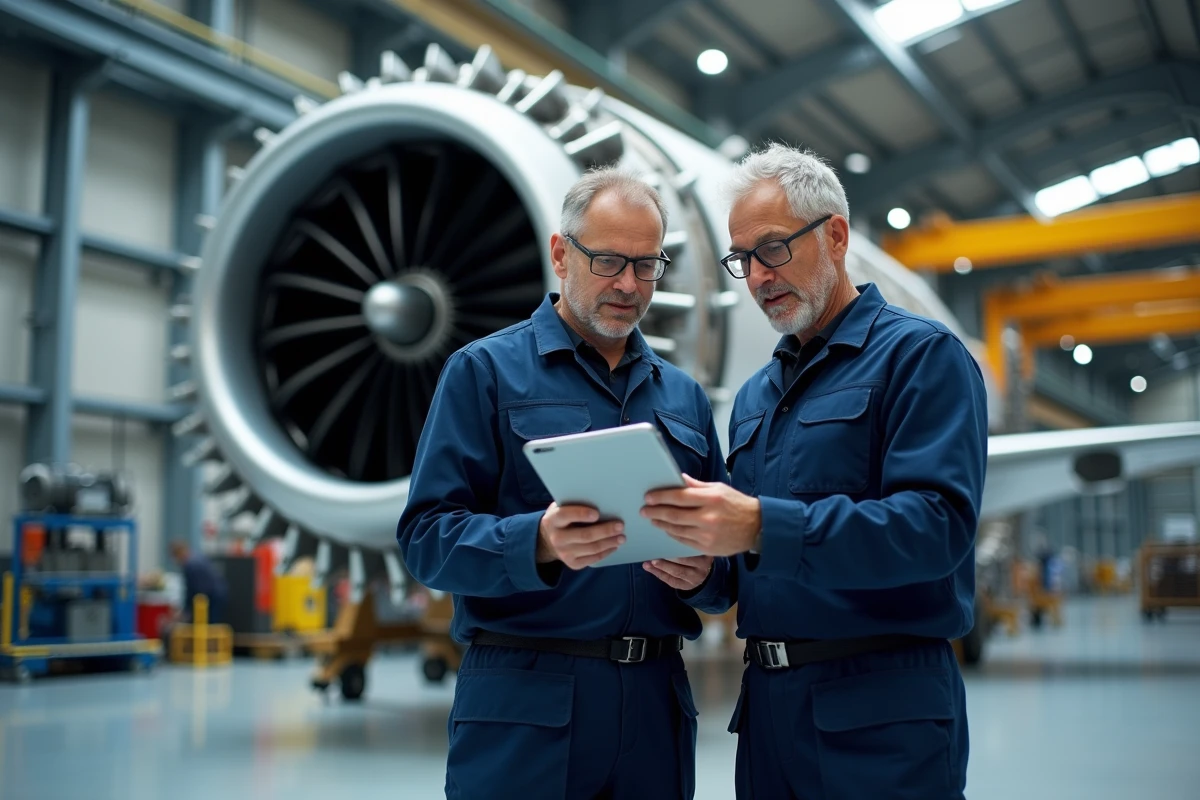 Deux ingénieurs aéronautiques examinant un réacteur d'avion dans une usine d'assemblage, illustrant la coopération industrielle face aux défis environnementaux de l'aviation