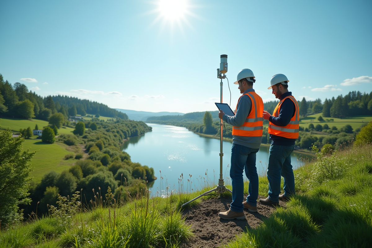 Groupe d'ingénieurs environnement en plein air près d'une rivière