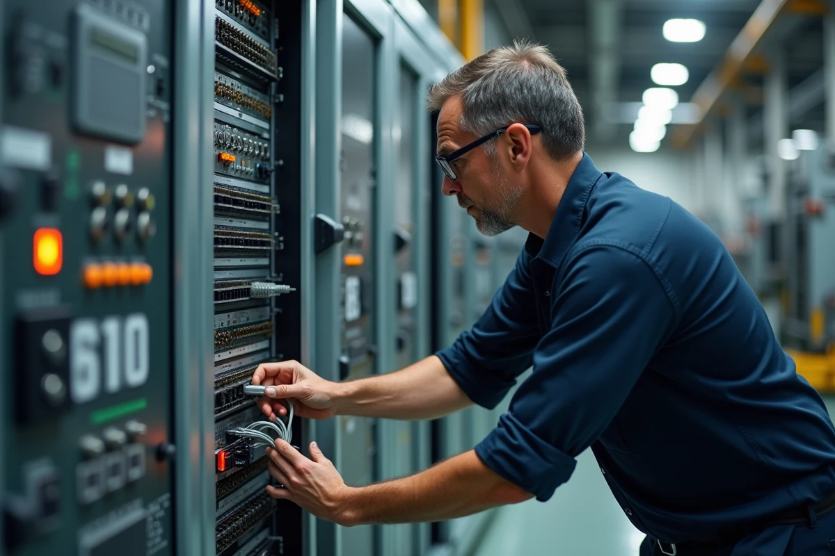 Technicien intégrant un système informatique industriel à un automate programmable dans une usine de production