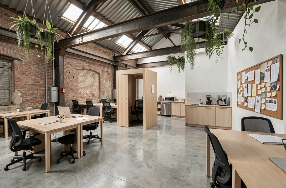Vue intérieure d'un espace de coworking vide à Beauvais montrant les postes de travail, la cabine téléphonique et le coin cuisine