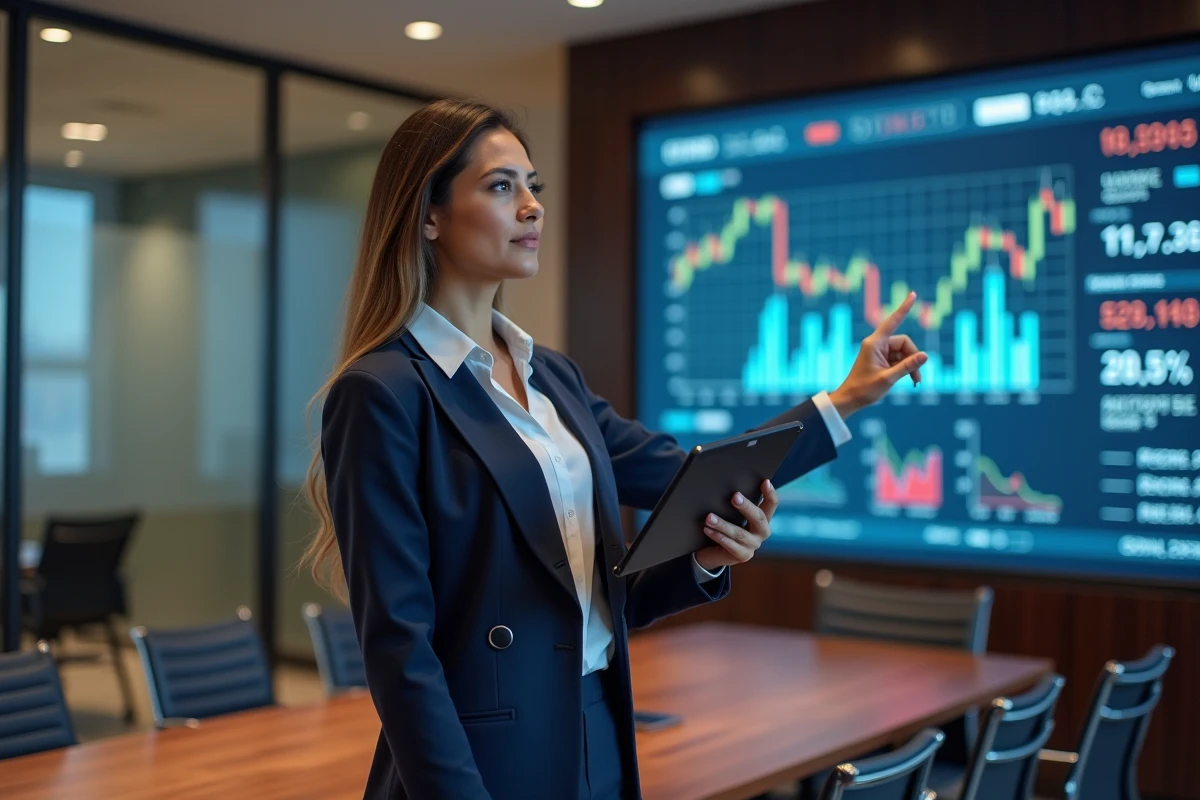 Investisseuse analysant les performances boursières du secteur automobile dont le groupe Stellantis sur un écran financier