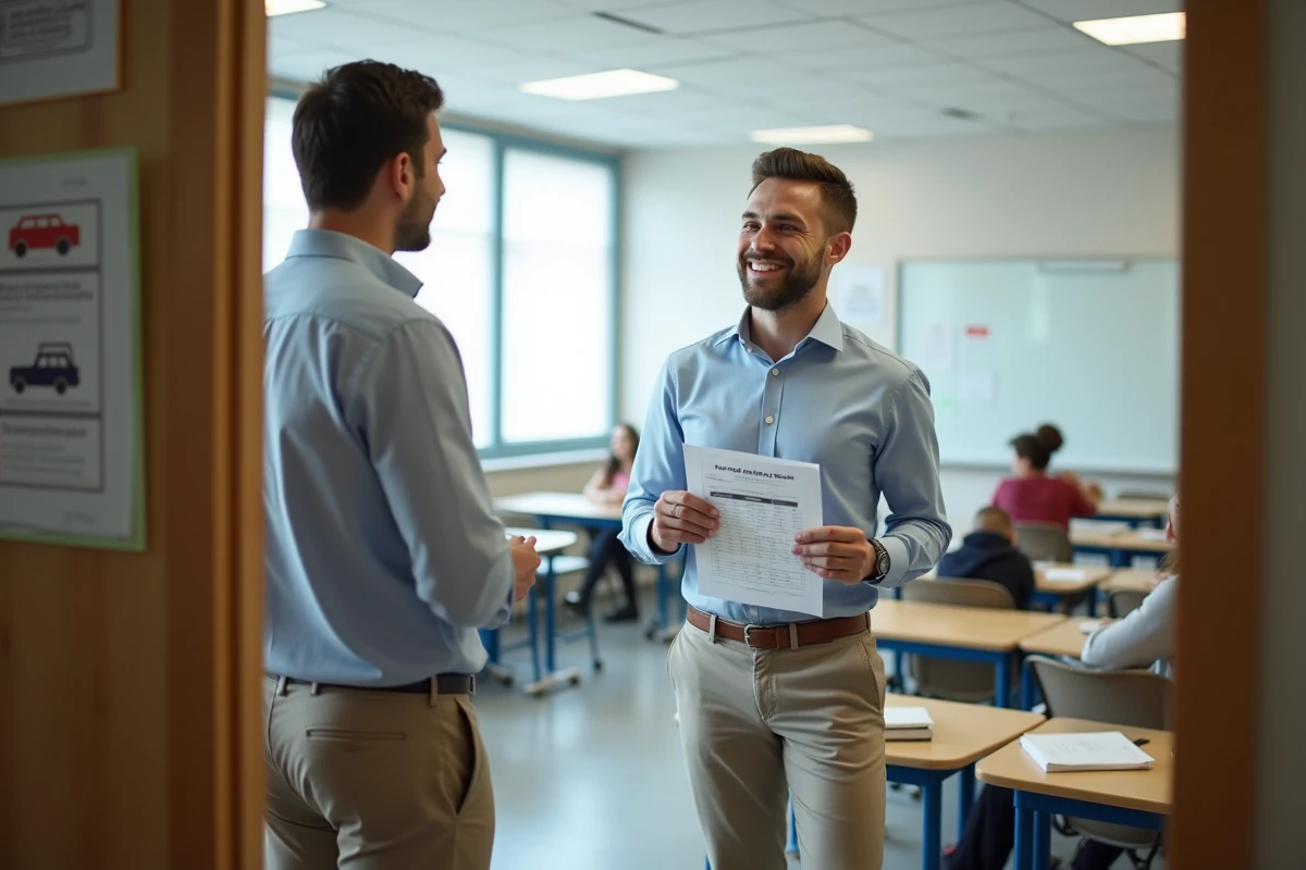 Jeune homme souriant discute avec instructeur en auto école