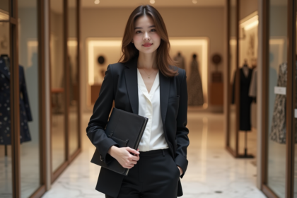 Jeune femme élégante devant une boutique de mode