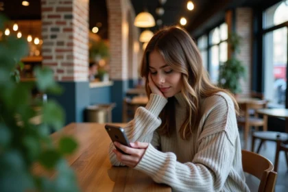 Jeune femme dans un café parisien en train de préparer un post Instagram