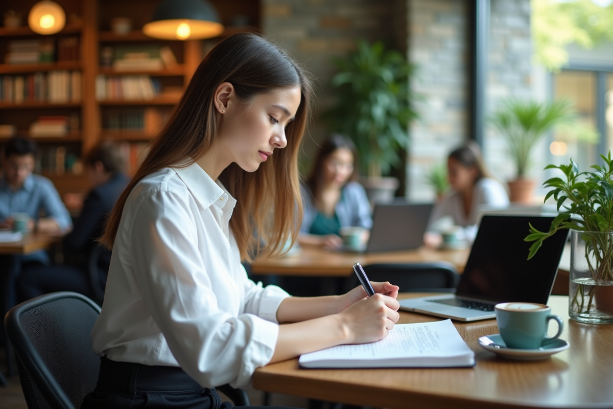 Jeune femme annotant un journal dans un café universitaire