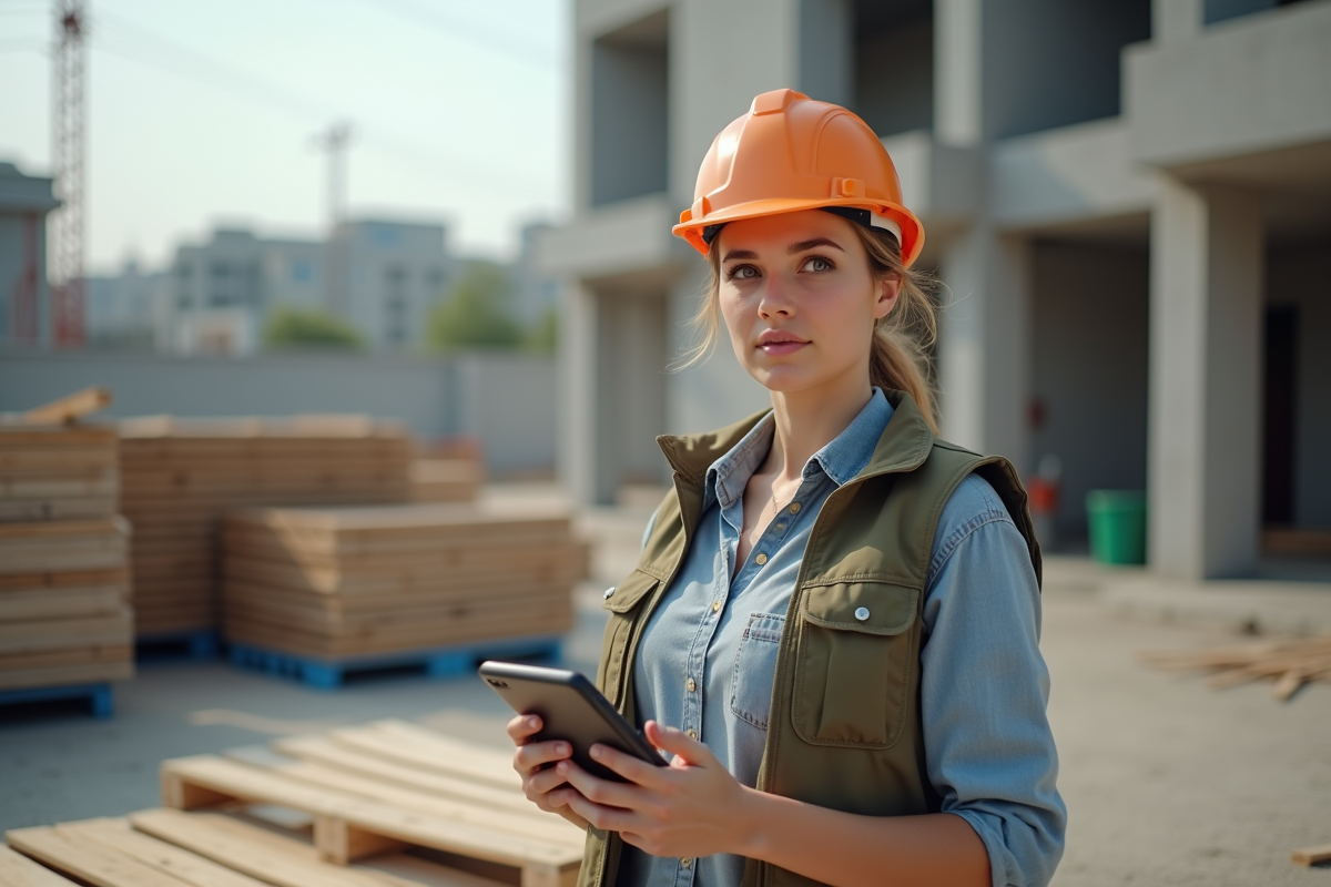Jeune femme artisan sur un site de construction en extérieur