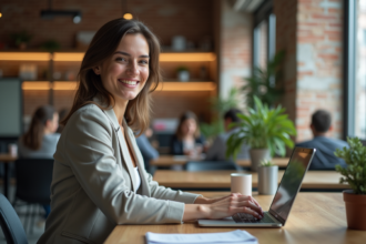 Jeune femme souriante travaillant sur son ordinateur dans un espace coworking