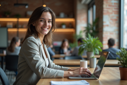 Jeune femme souriante travaillant sur son ordinateur dans un espace coworking