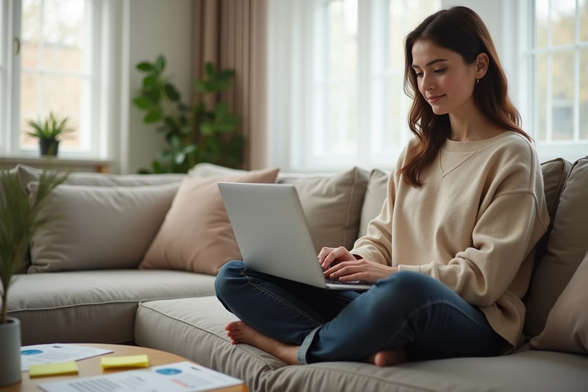Jeune femme sur un canapé mettant à jour son profil de candidature sur un site de rencontres emploi avec son CV imprimé
