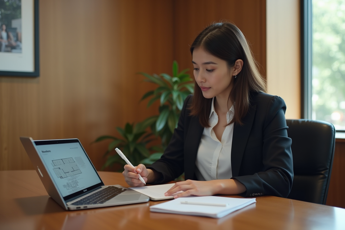 Jeune femme planifiant des salles de réunion sur un plan digital