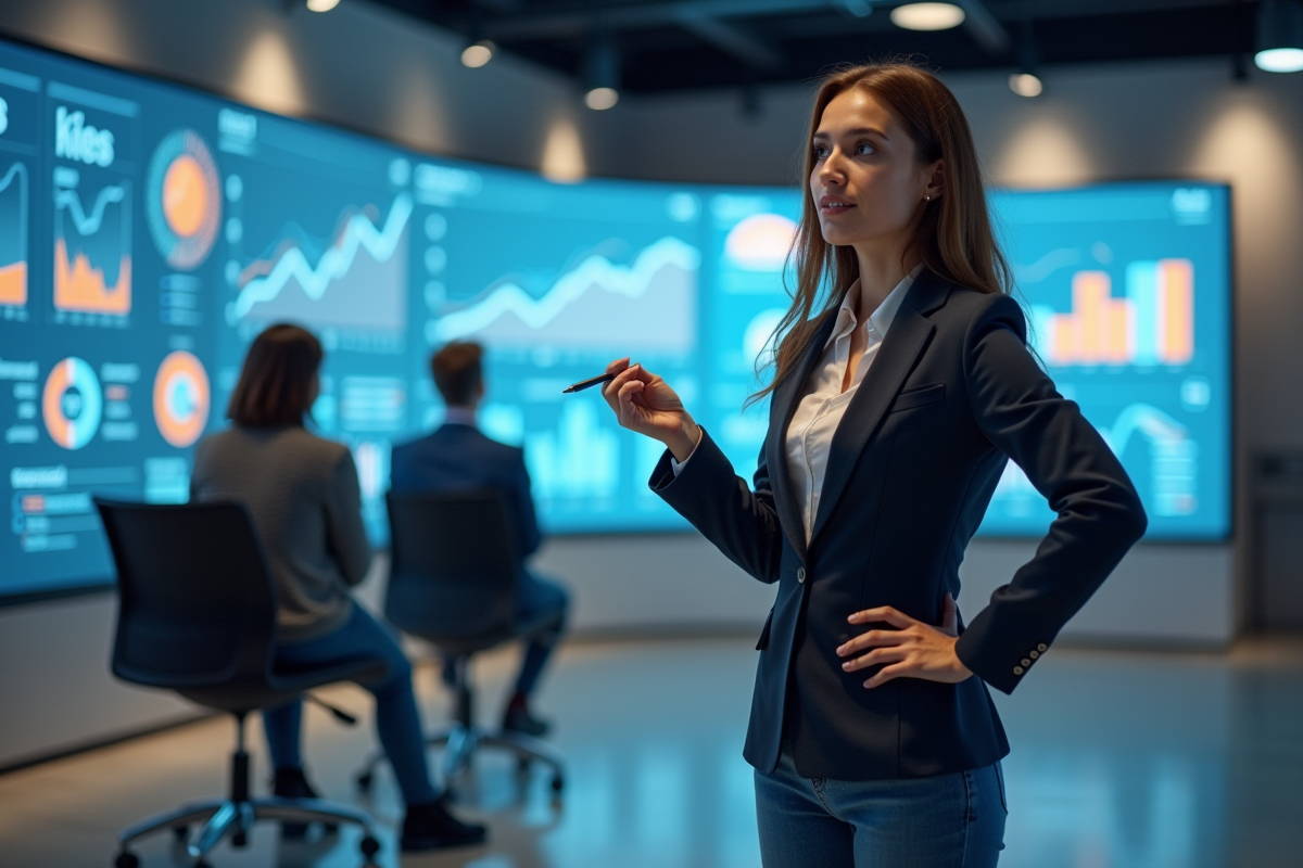 Jeune femme en présentation devant un grand écran digital