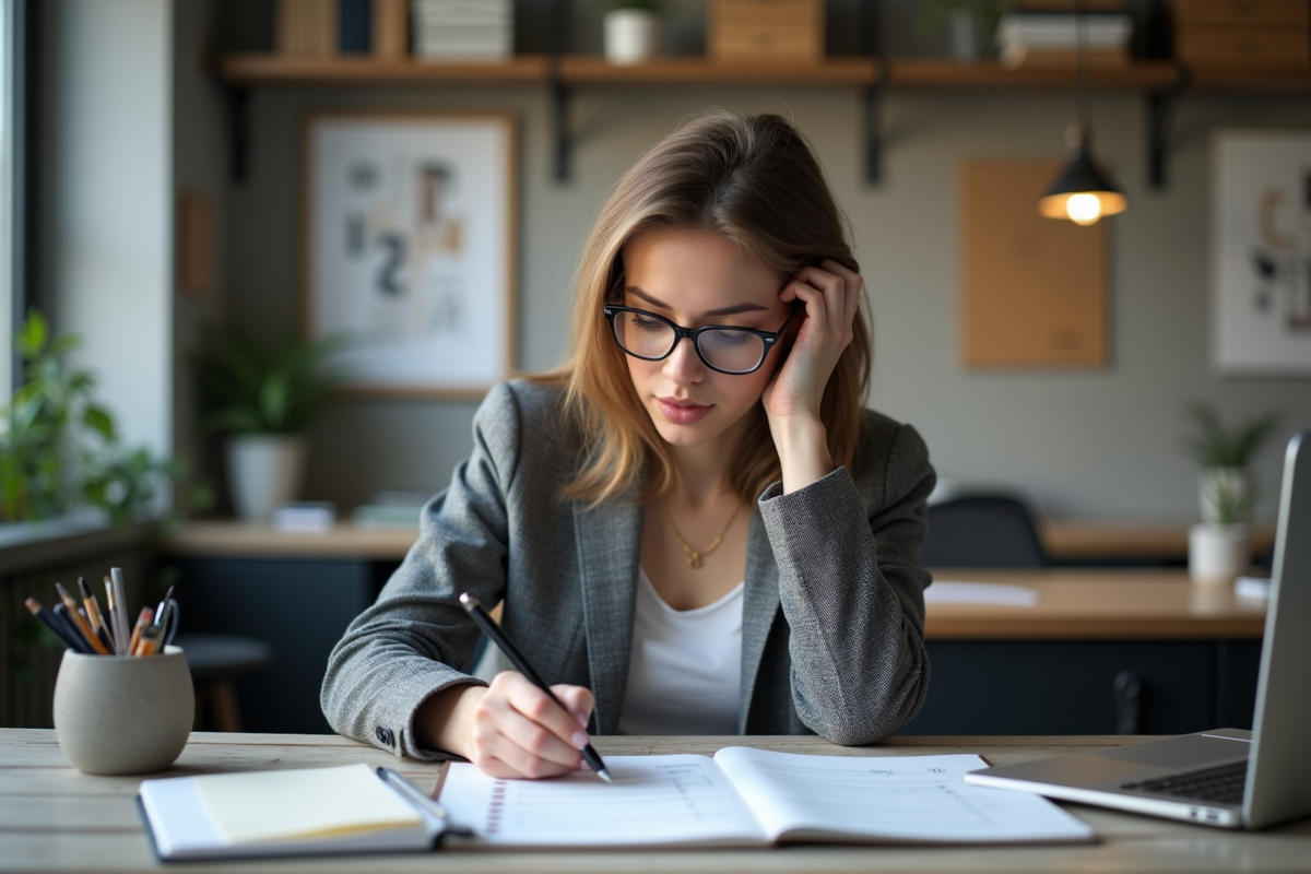 Jeune femme en blazer remplissant un questionnaire au bureau