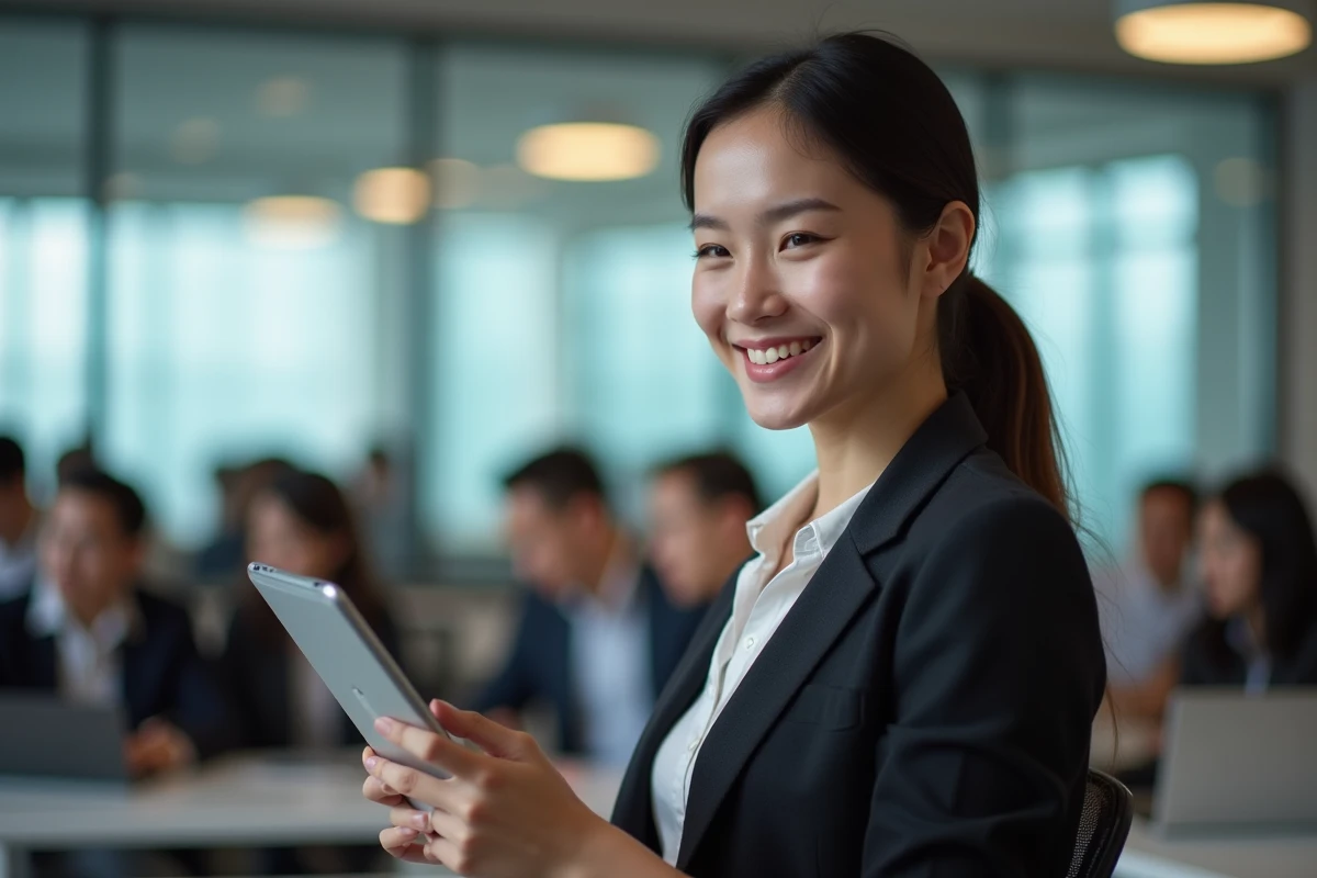 Jeune femme souriante utilisant une tablette dans un centre de formation