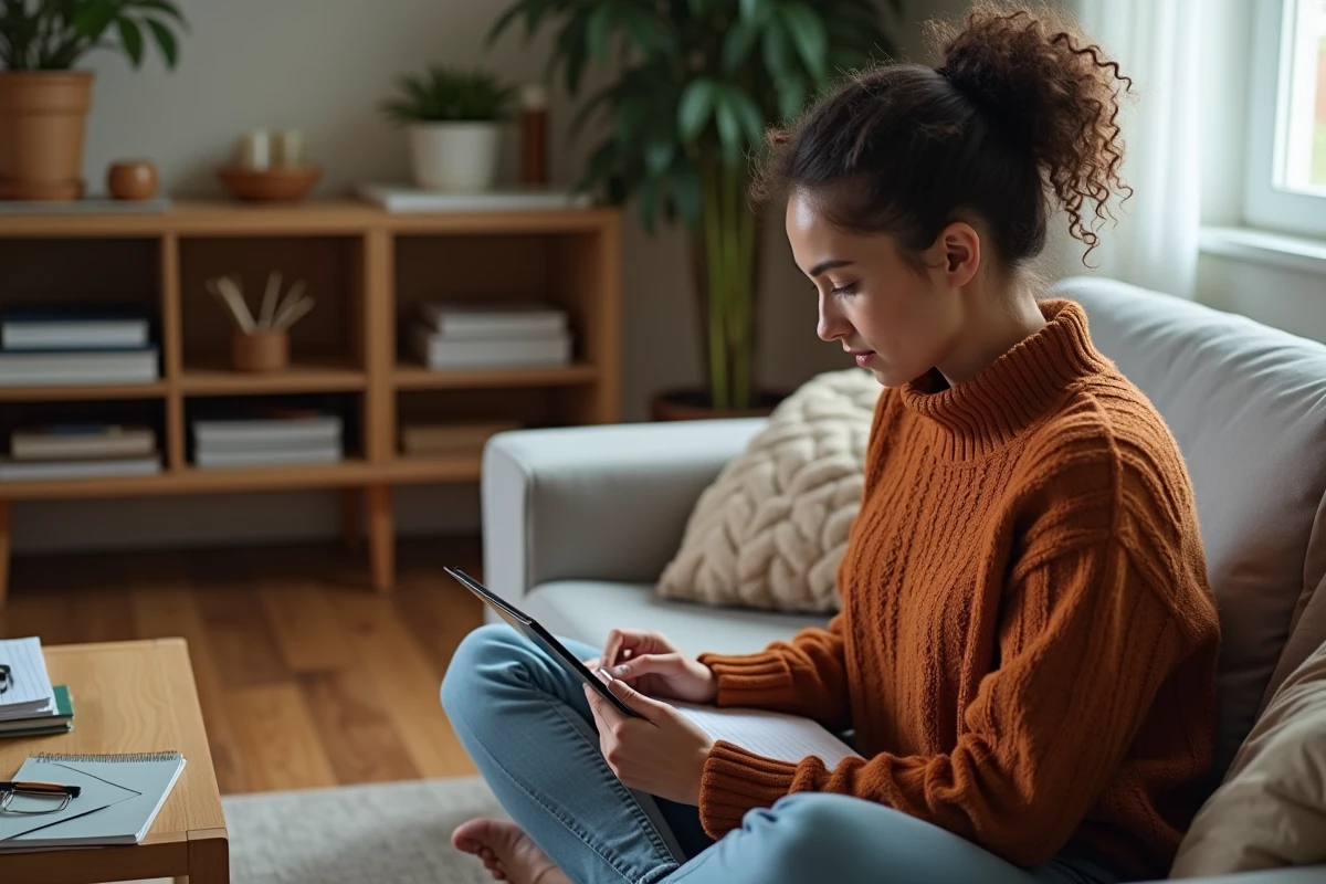 Jeune femme en télétravail sur canapé avec tablette et cahier, suivant une formation en ligne pour se reconvertir depuis un métier de la vente