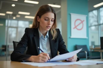Jeune femme au bureau examine des documents pour l'emploi