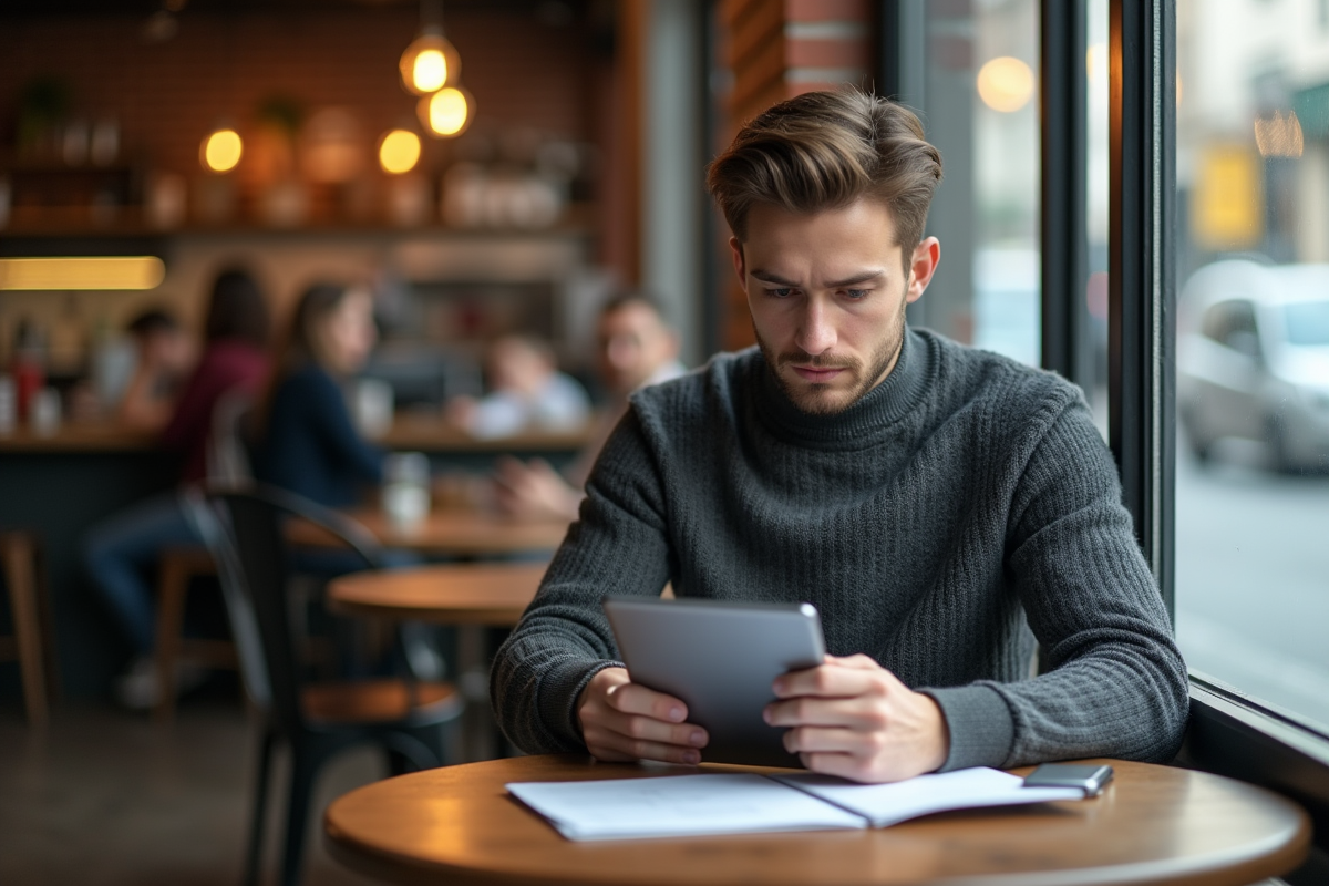 Jeune homme au café utilisant une tablette et documents