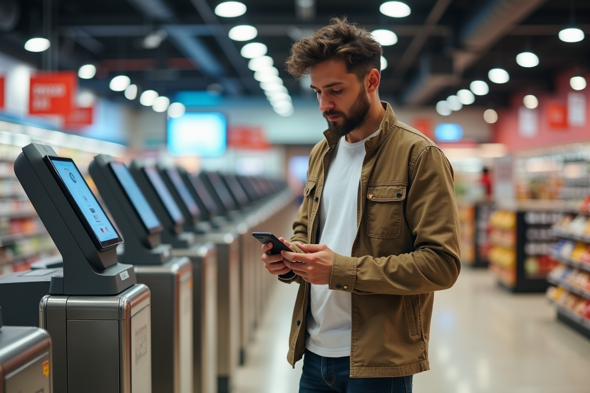Jeune homme avec smartphone dans supermarche moderne