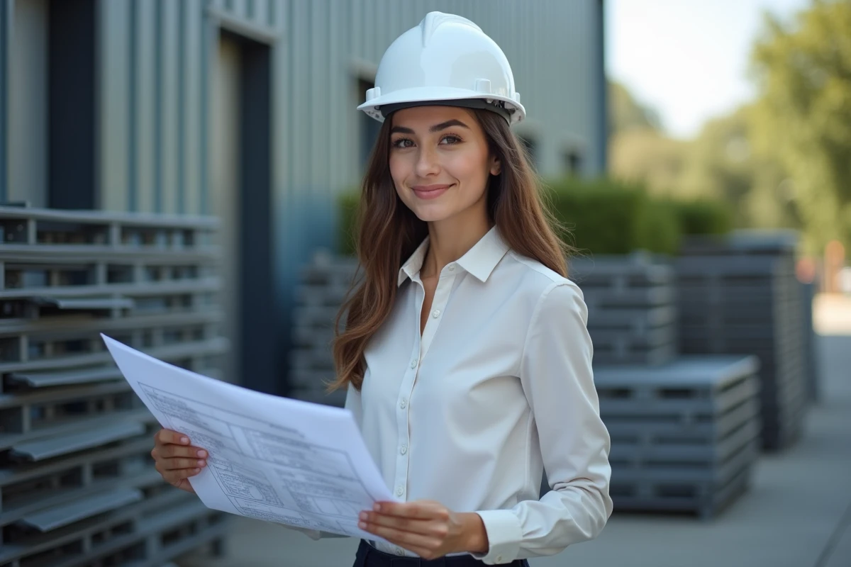 Jeune ingénieure avec plans devant une usine moderne