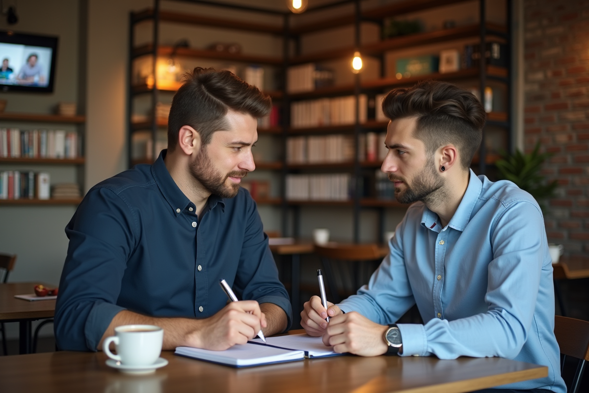 Jeune professionnel discutant stratégies en café