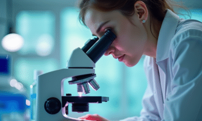 Jeune scientifique examinant des échantillons au microscope