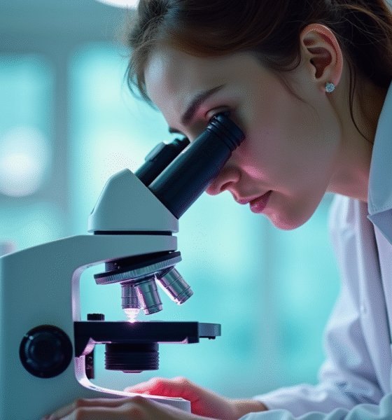 Jeune scientifique examinant des échantillons au microscope