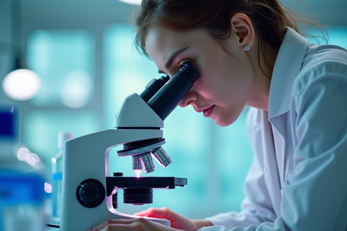 Jeune scientifique examinant des échantillons au microscope