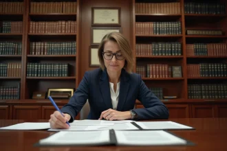 Femme juriste examinant des documents légaux relatifs aux obligations d'une organisation à but non lucratif dans une salle de conférence professionnelle
