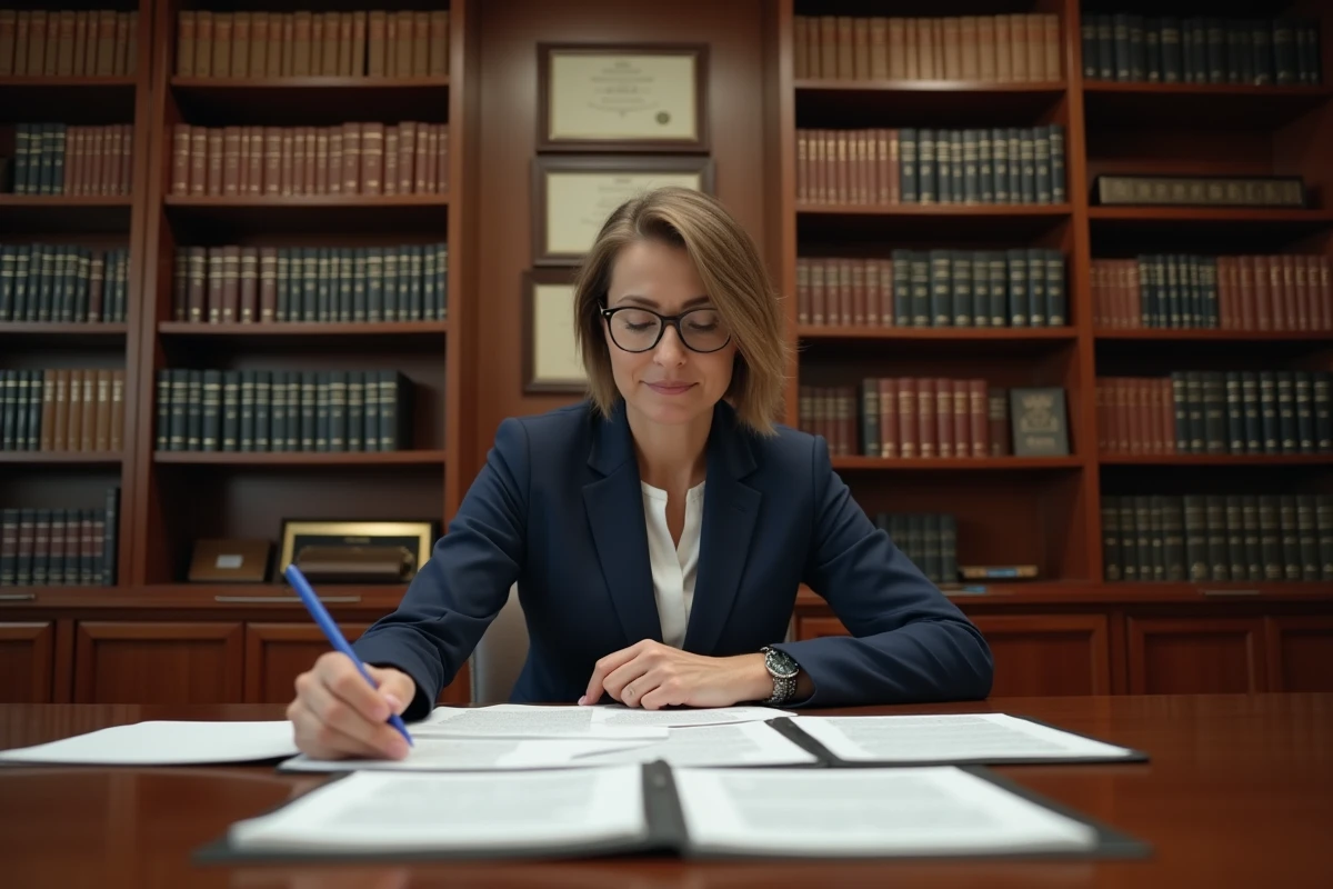 Femme juriste examinant des documents légaux relatifs aux obligations d'une organisation à but non lucratif dans une salle de conférence professionnelle