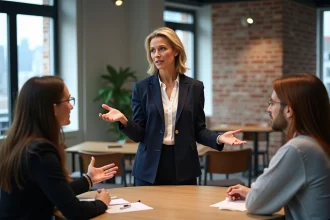 Leader féminine animant une réunion collaborative autour d'une table ronde dans un bureau moderne, symbolisant le leadership participatif