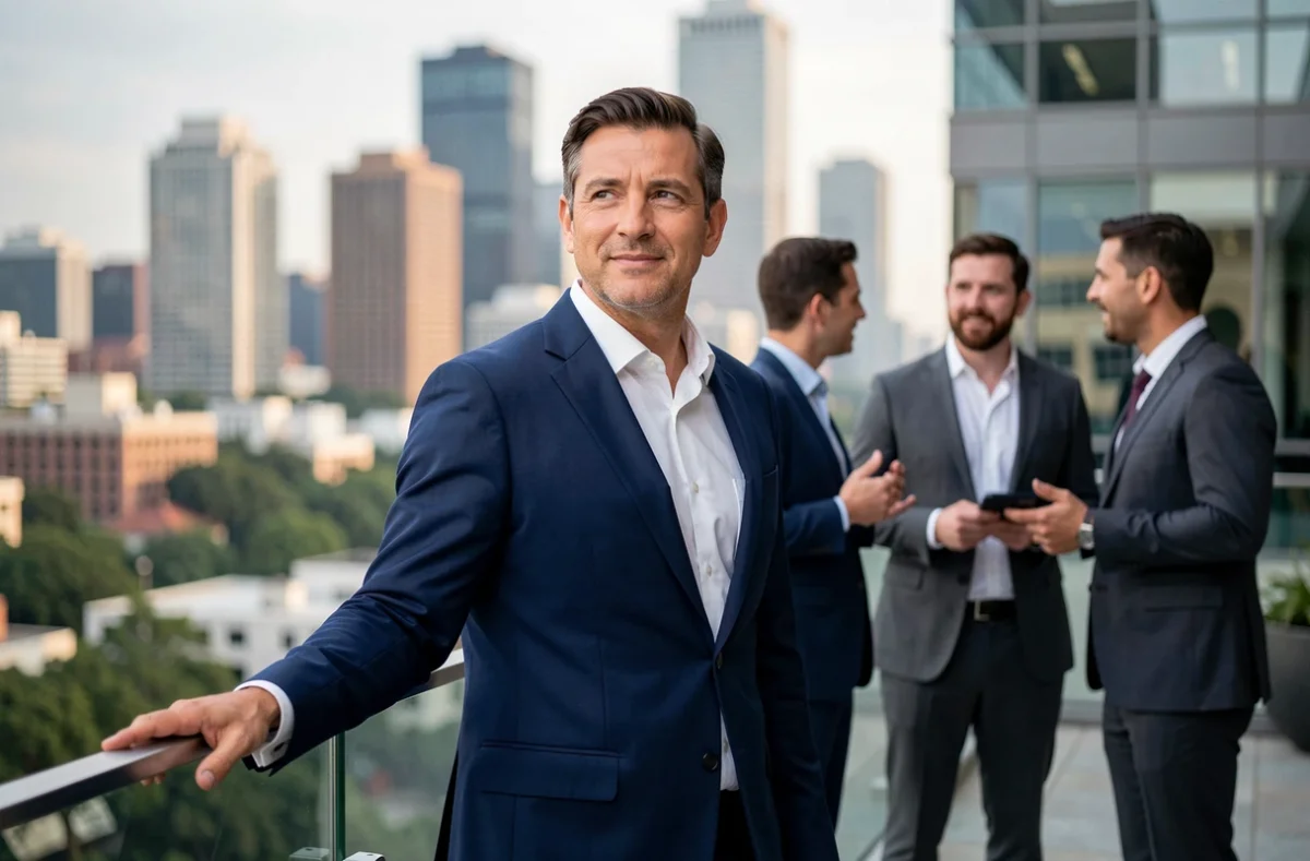 Leader masculin en costume marine sur une terrasse urbaine illustrant le leadership inspirant et l'esprit d'équipe