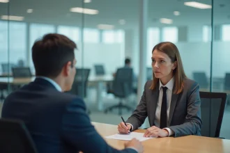 Réunion formelle de licenciement pour faute grave entre un responsable RH et une salariée dans une salle de conférence d'entreprise