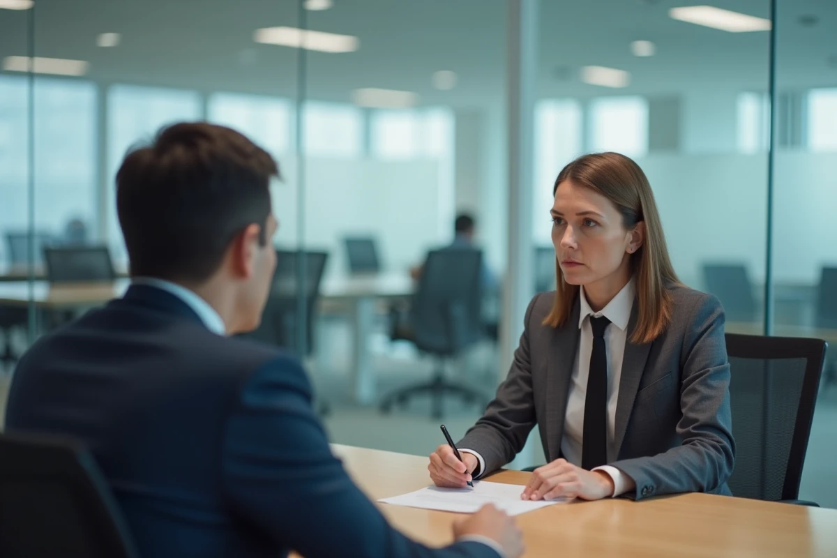 Réunion formelle de licenciement pour faute grave entre un responsable RH et une salariée dans une salle de conférence d'entreprise