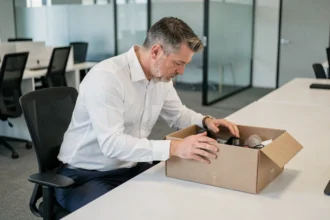 Salarié licencié pour faute grave assis à son bureau avec ses affaires personnelles dans un carton, illustrant l'impact du licenciement sur les indemnités chômage
