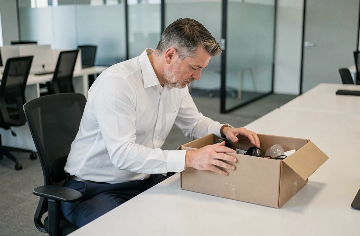 Salarié licencié pour faute grave assis à son bureau avec ses affaires personnelles dans un carton, illustrant l'impact du licenciement sur les indemnités chômage