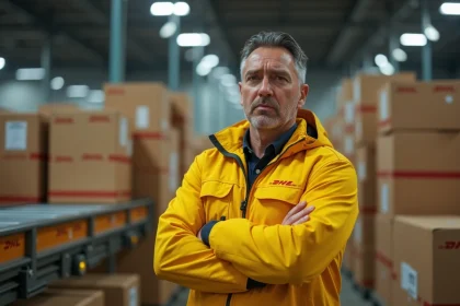 Livreur DHL en uniforme jaune devant des colis empilés dans un entrepôt de tri pendant une grève