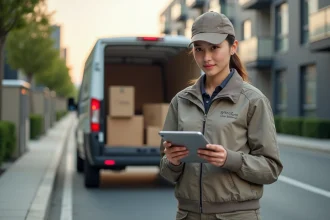 Jeune femme livreuse avec tablette dans la ville moderne
