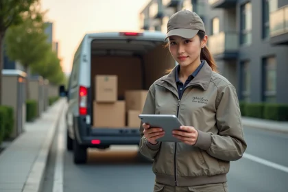 Jeune femme livreuse avec tablette dans la ville moderne