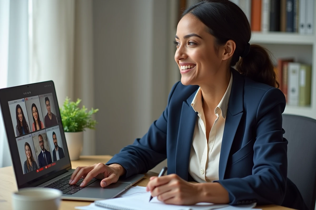 Manager EMEA en télétravail conduisant une visioconférence interculturelle depuis son bureau à domicile