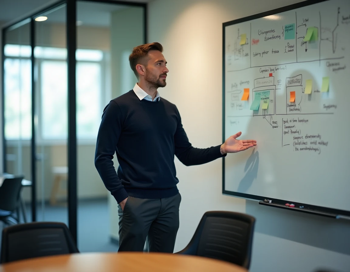 Manager devant un tableau blanc en réunion, symbolisant la remise en question des compétences et l'adaptation professionnelle