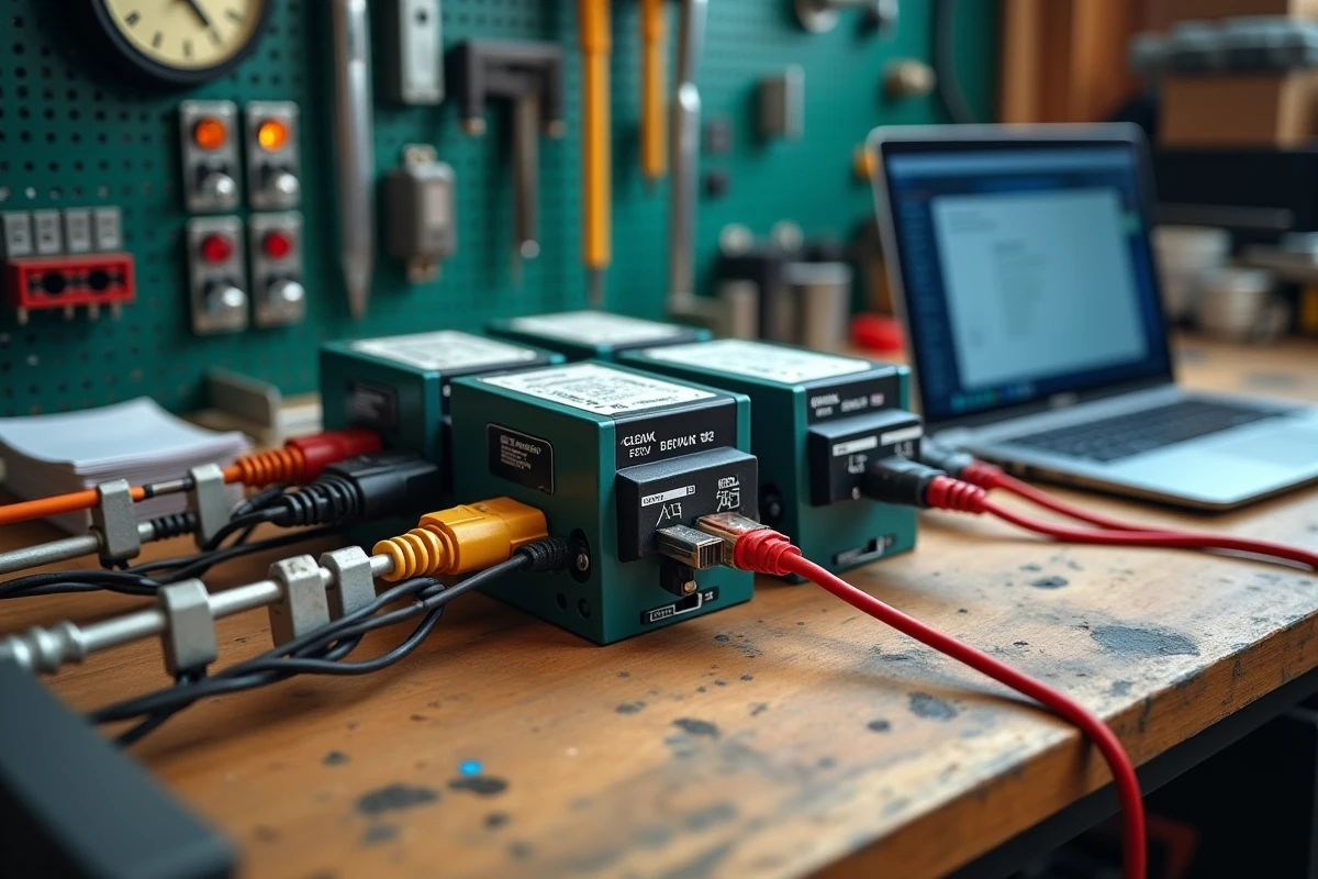 Matériel d'automatisation industrielle ancien et moderne connectés ensemble sur un banc d'atelier d'intégration