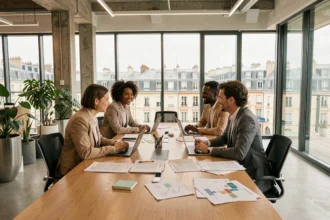 Vue d'ensemble d'un cabinet de recrutement en Nouvelle-Aquitaine avec des professionnels en réunion autour d'une table de travail moderne