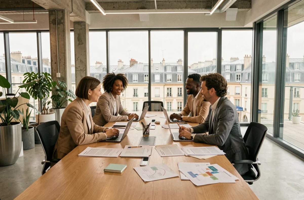 Vue d'ensemble d'un cabinet de recrutement en Nouvelle-Aquitaine avec des professionnels en réunion autour d'une table de travail moderne