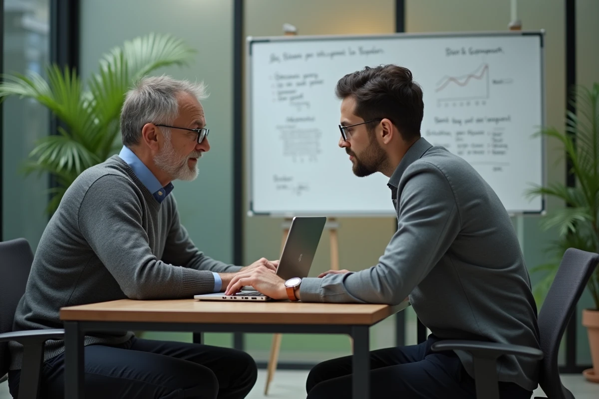Manager expérimenté en session de mentorat individuel avec un jeune collaborateur, illustrant la transmission du leadership et le développement des talents
