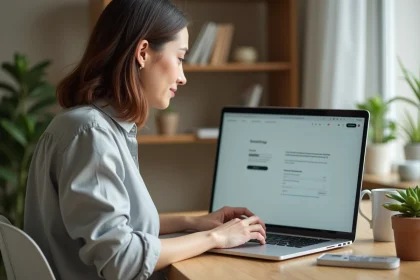 Femme mettant à jour ses informations de contact sur son espace personnel MyPeopleDoc depuis un ordinateur portable à son bureau