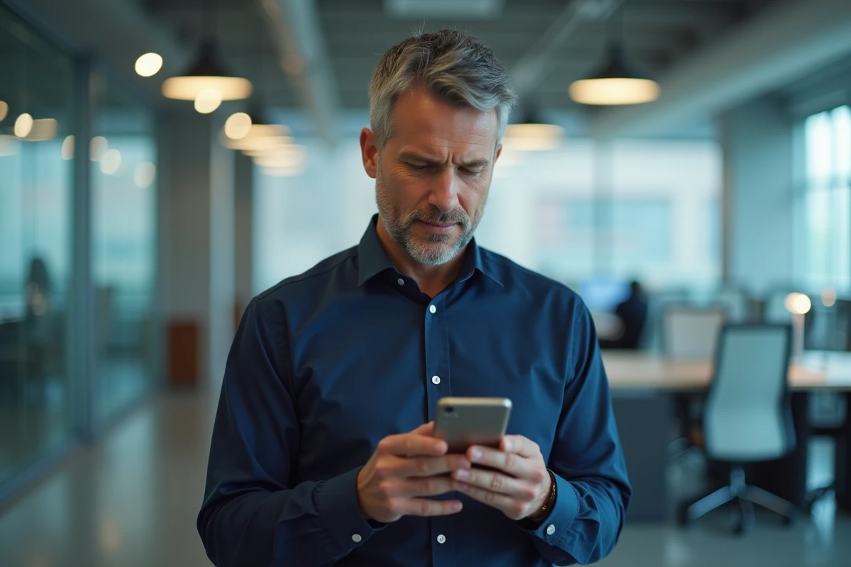 Homme consultant les paramètres de son compte MyPeopleDoc sur smartphone pour modifier son numéro de téléphone au bureau