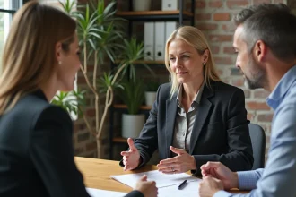 Employée en blazer négociant une augmentation de salaire avec son manager dans un petit bureau professionnel